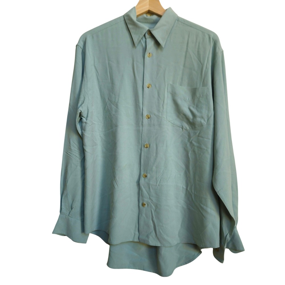 Vtg Huntington Men 100% Silk Shirt Sage Sz M Old Money Quiet Luxury Chic Minimal